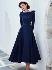 Navy Bow-Shoulder Long-Sleeve Midi Dress