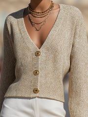 Gold-Threaded Knit Button Cardigan In Champagne Beige