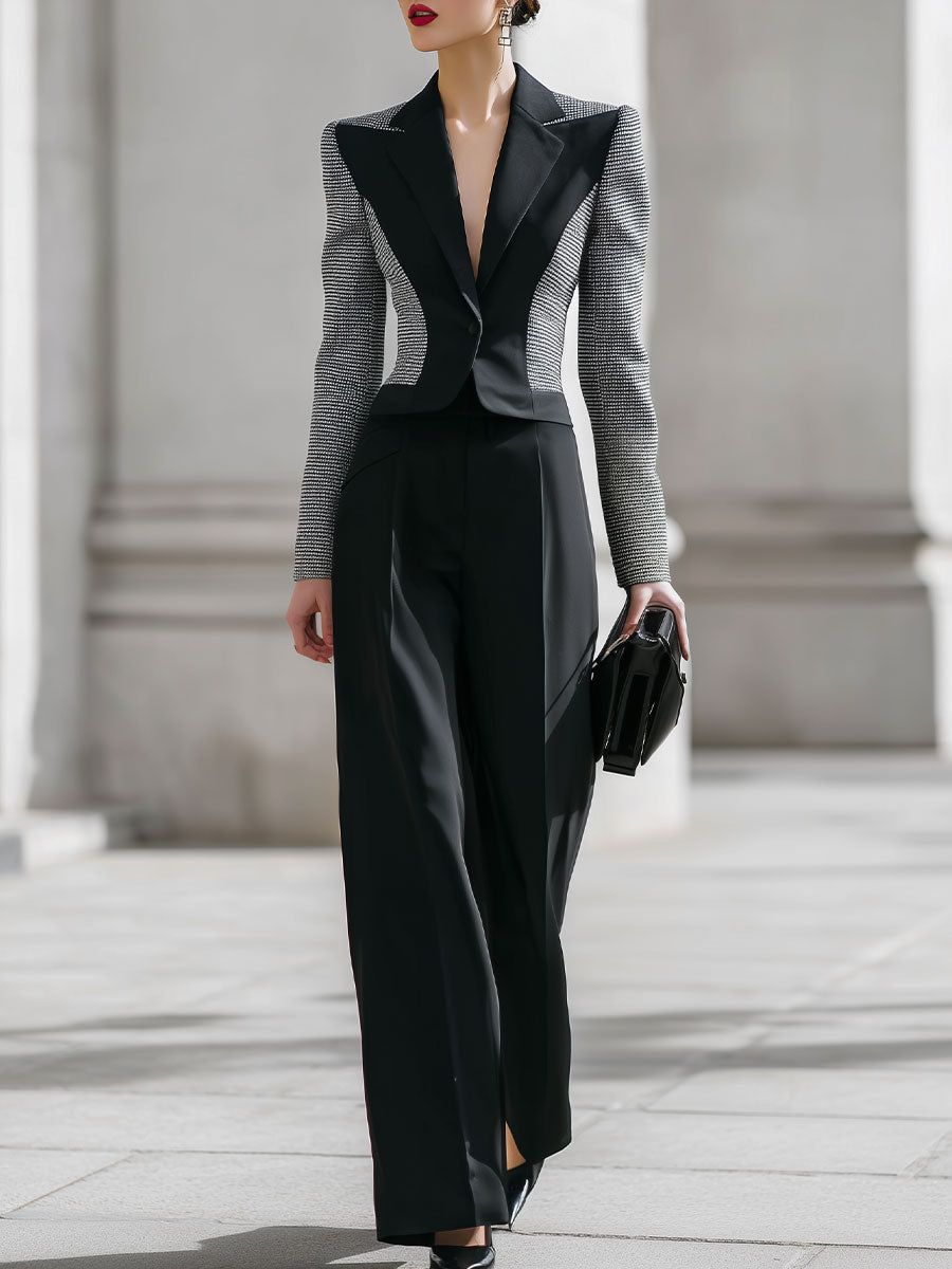 Contrast Houndstooth Panel Tailored Blazer & Wide-Leg Pant Set