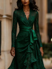 Emerald Enchantment: Asymmetric Lace Gown