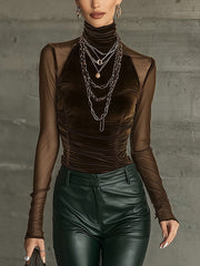 Brown Velvet Mesh Mock Neck Top With Ruched Detailing