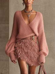 Cozy Pink Mohair Knit Long Sleeve Sweater