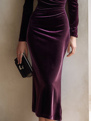 Burgundy One-Shoulder Velvet Midi Dress