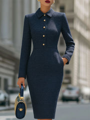 Elegant Navy Tweed Collared Midi Sheath Dress With Gold Accents