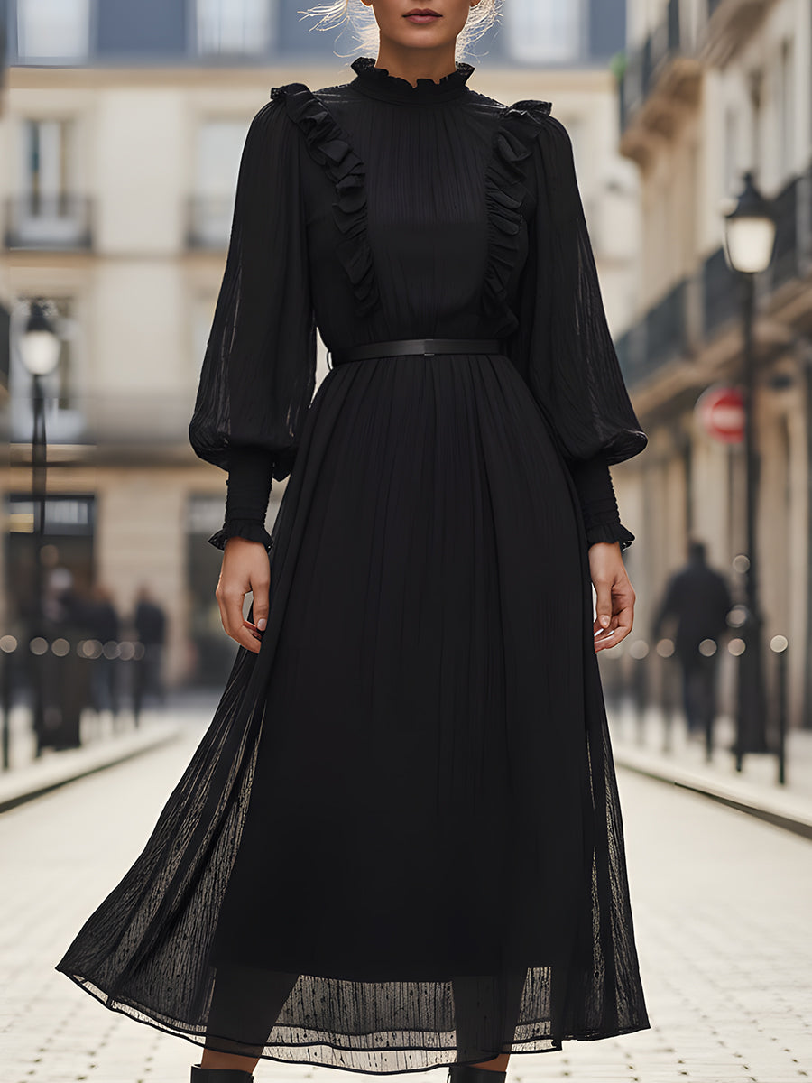Black Long-Sleeve Ruffled High-Neck Pleated Midi Dress