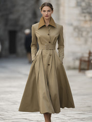 Camel Contrast Collar Belted Trench Coat Dress