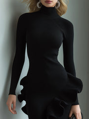 Black High-Neck Ribbed Midi Dress With Ruffle Detail