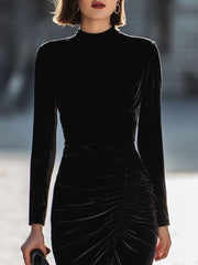 Black Velvet Mock Neck Midi Dress