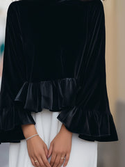 Round Neck Velvet Ruffle-Trim Blouse