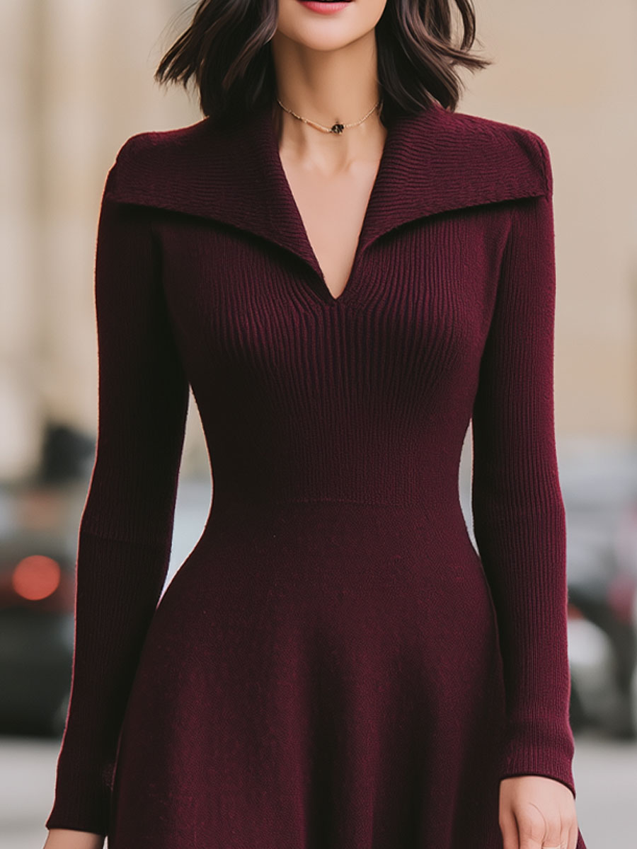 Burgundy Knit Collared V-Neck A-Line Midi Dress
