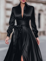 Satin Shirt Maxi Dress With Bow Waist
