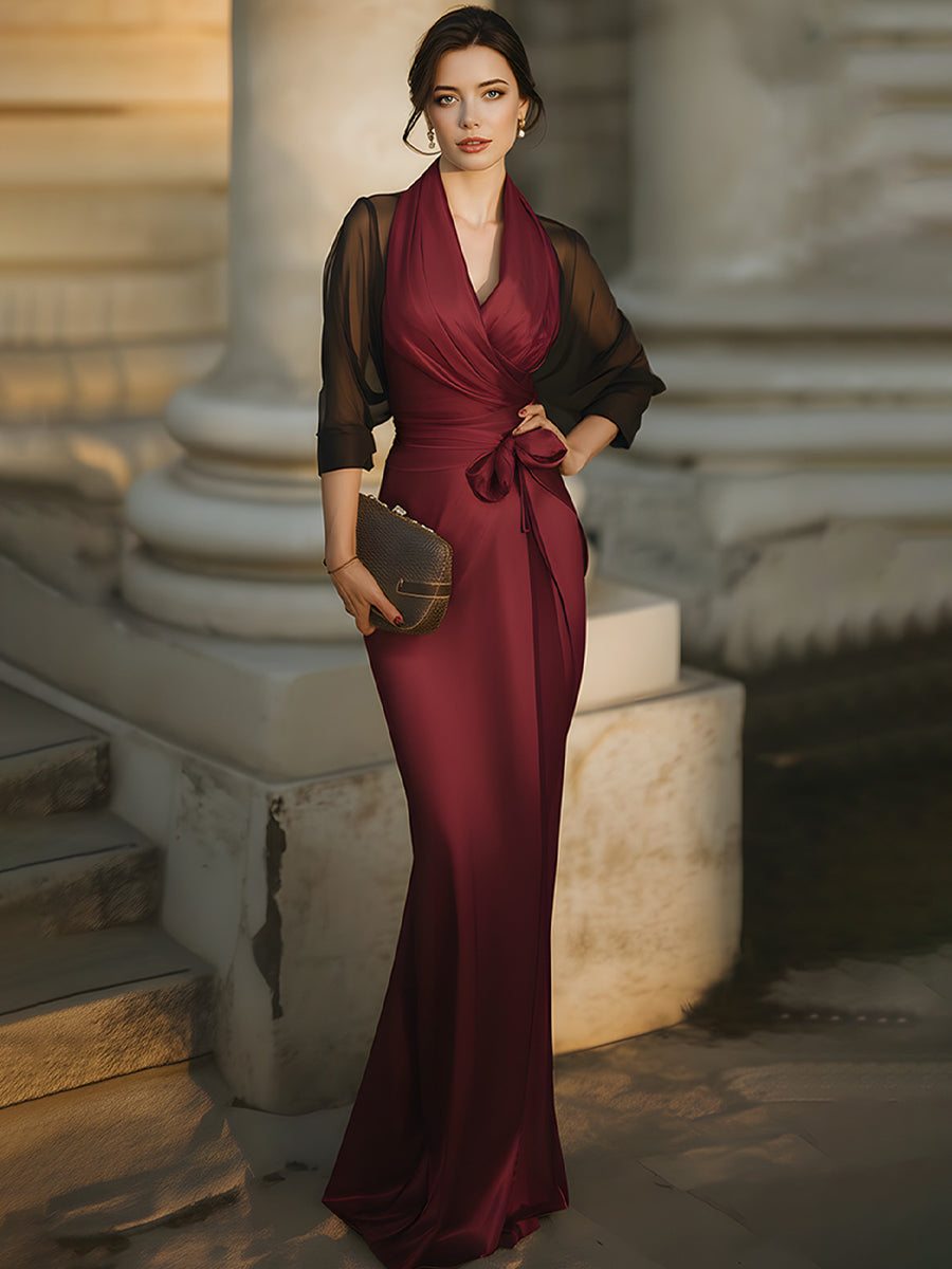 Elegant Draped Evening Gown With Sheer Sleeves