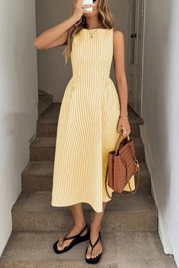 Striped Pleated Halter Neck Midi Dresses