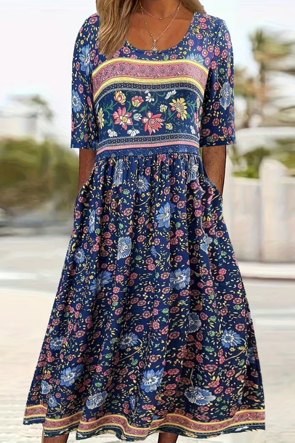 Boho Colorblock Floral Maxi Dress With Pockets