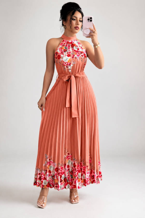 Floral Pleated Square Neck Midi Dresses