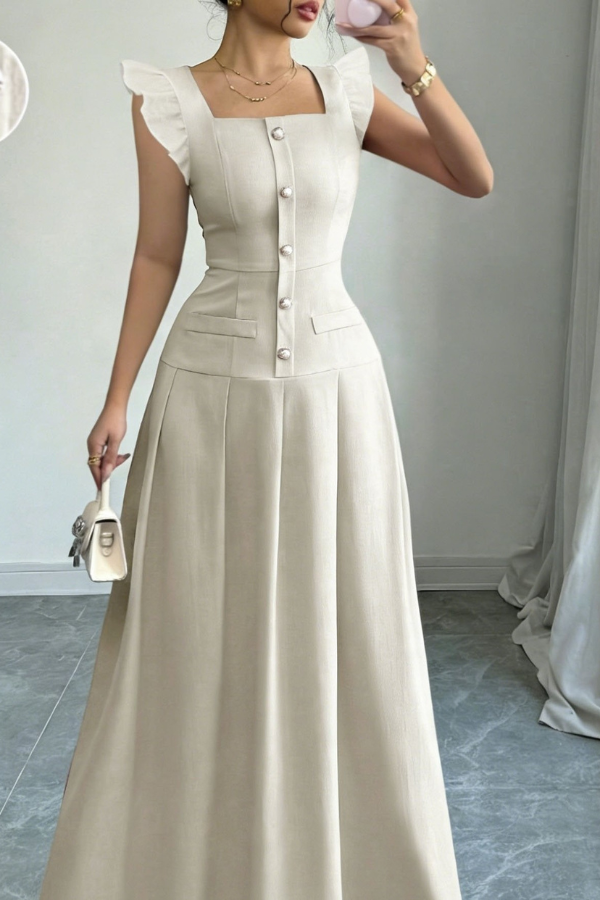 Romantic Pleated Square Neck Midi Dresses
