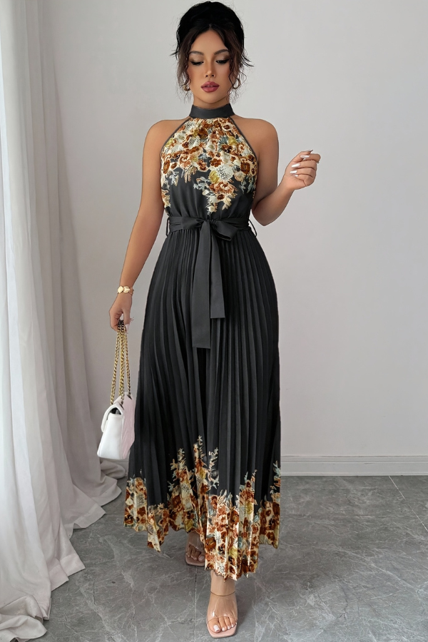 Floral Pleated Square Neck Midi Dresses