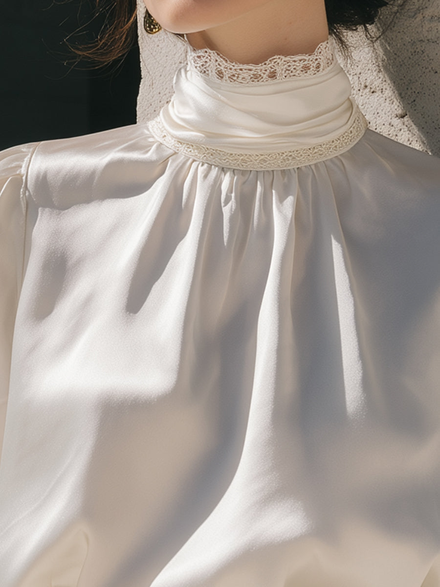 Elegant High-Neck Satin Blouse with Lace Trim