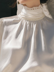 Elegant High-Neck Satin Blouse with Lace Trim