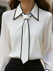 Chic Contrast Trim Tie-Neck Blouse