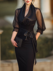 Sheer-Drape Waist-Tie Evening Dress