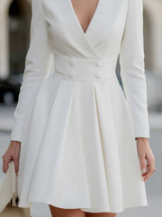 Long-Sleeve Double-Breasted Pleated Mini Dress