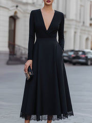 Elegant Black Deep V-Neck Lace-Trimmed Midi Dress