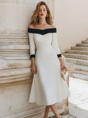 Ivory Off-Shoulder Midi Dress With Black Contrast Trim