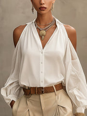 White Cotton Off Shoulder Collared Button Up Shirt