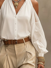 White Cotton Off Shoulder Collared Button Up Shirt
