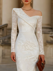 One-Shoulder Lace-Sleeve Jacquard Midi Dress