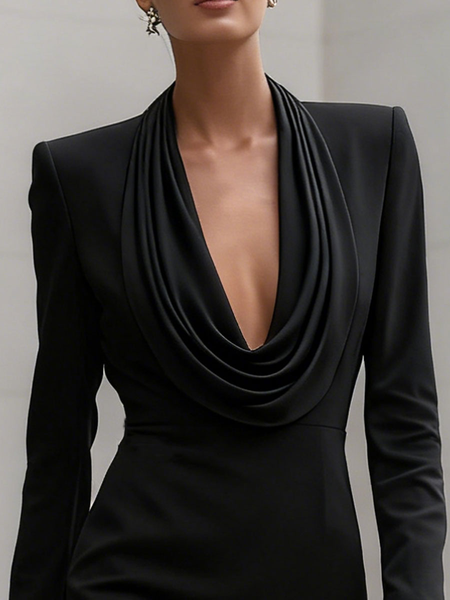 Sophisticated Black Cowl Neck Tailored Mini Dress