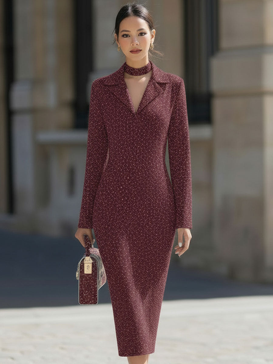 Elegant Burgundy Speckled Blazer-Collar Midi Sheath Dress