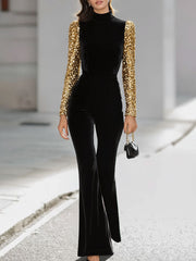 Elegant Black Velvet Jumpsuit With Gold Sequin Sleeves And Flared Legs