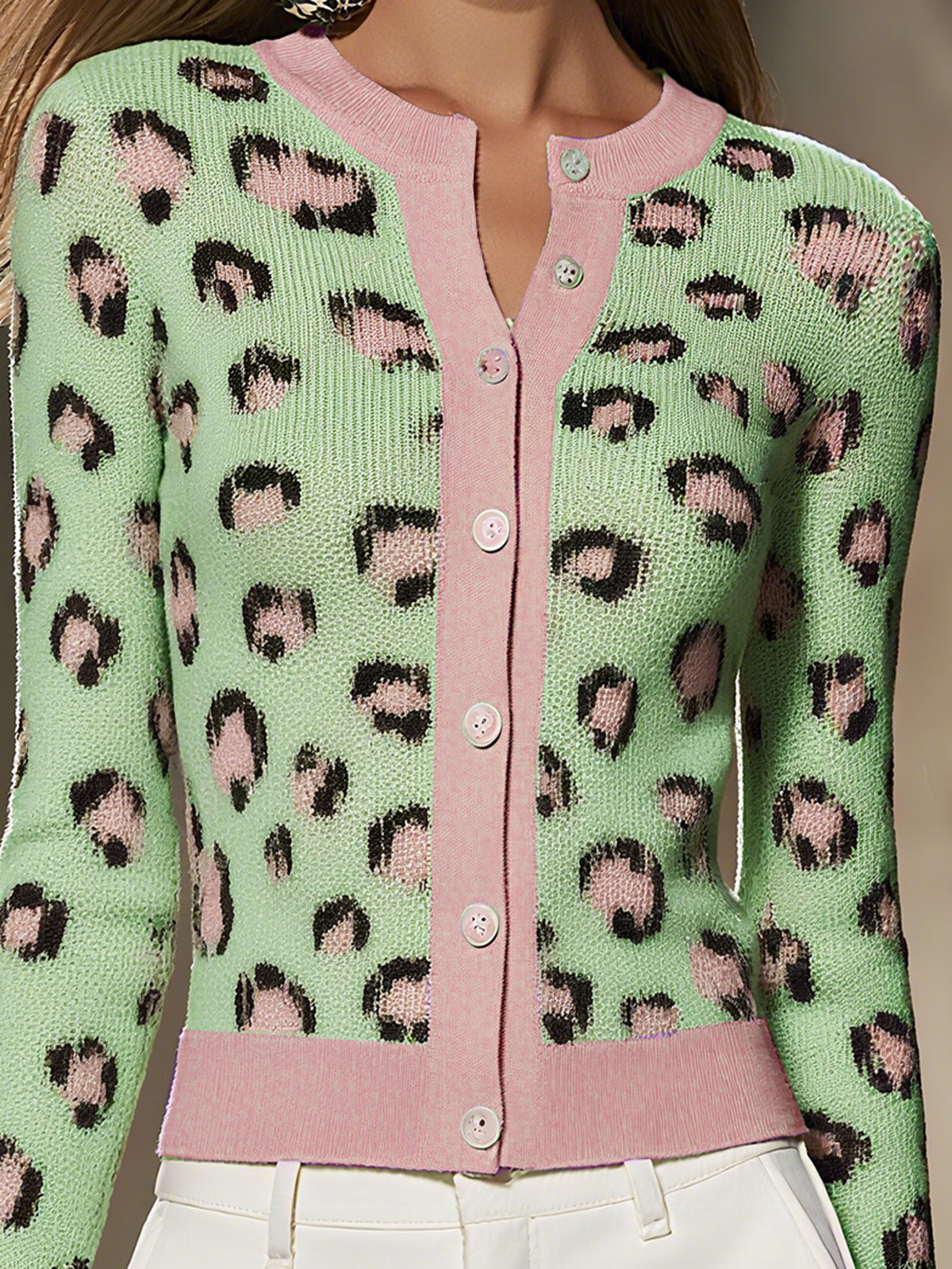 Green Leopard Print Button Up Cardigan With Pink Trim