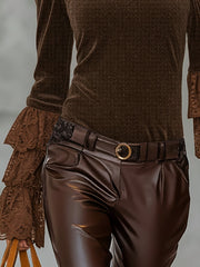 Brown One-Shoulder Velvet Top With Lace Tiered Sleeves