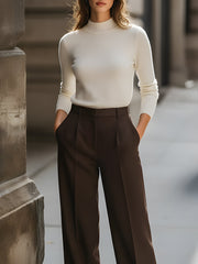 Ivory Knit Mock-Neck Sweater With Chocolate Tailored Wide-Leg Trousers