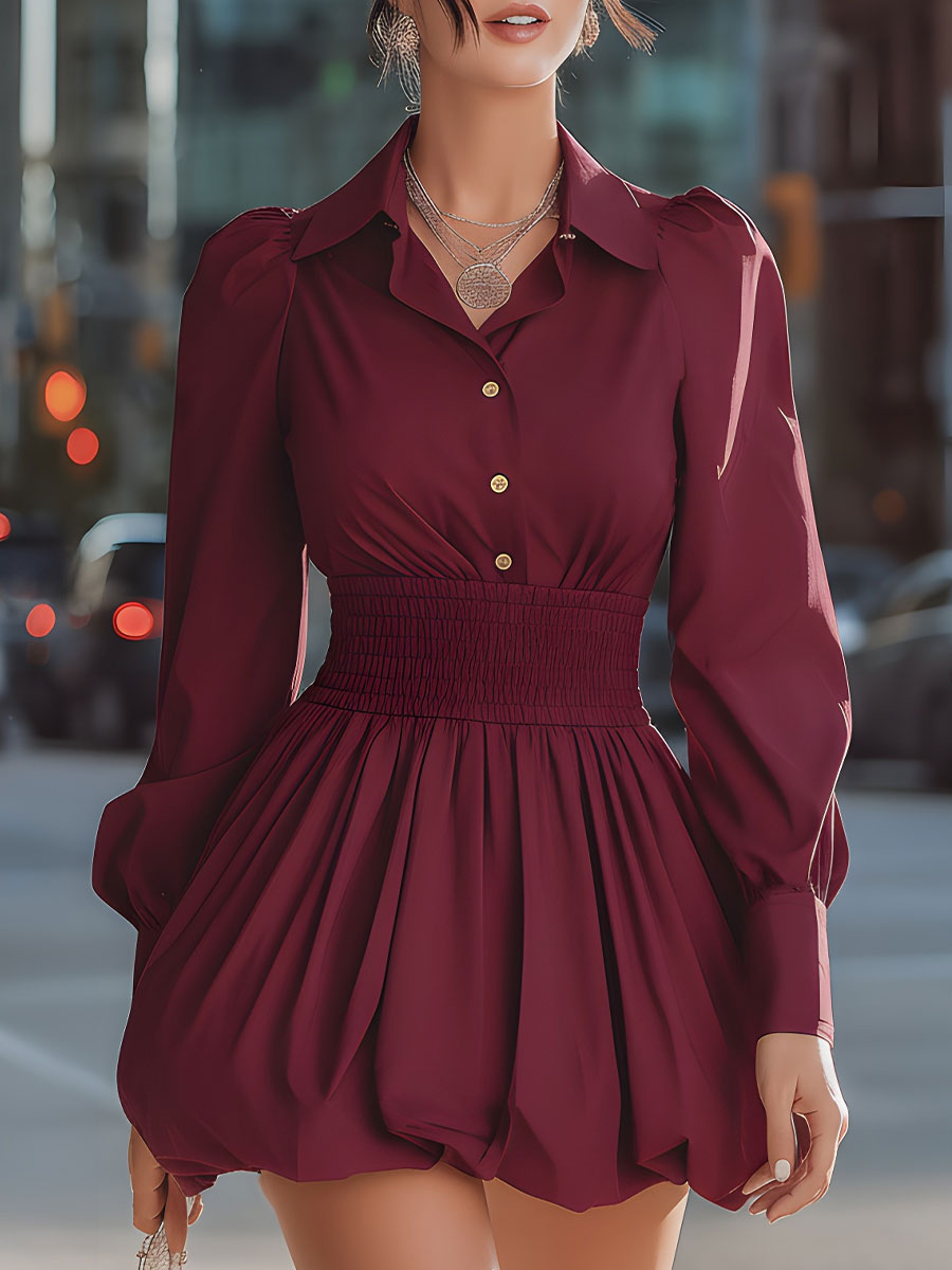Burgundy Shirt Collar Smocked Waist Balloon Hem Mini Dress