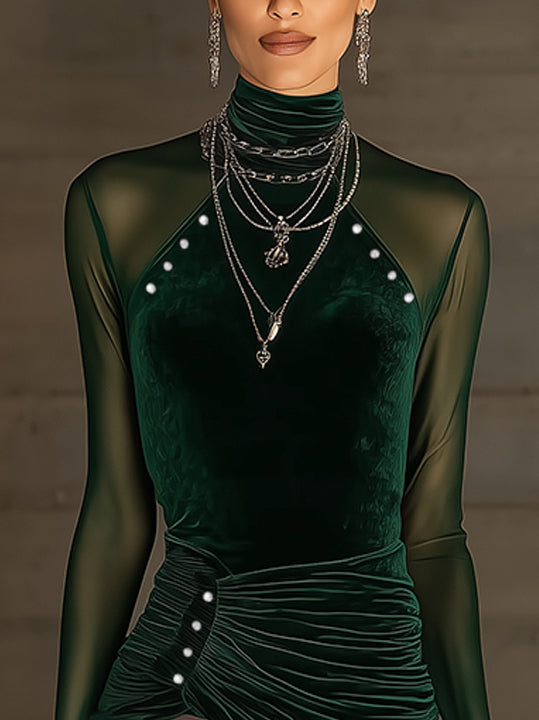 Green Velvet Mesh Asymmetric Ruched Shirt