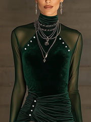 Green Velvet Mesh Asymmetric Ruched Shirt