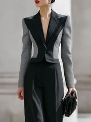 Contrast Houndstooth Panel Tailored Blazer & Wide-Leg Pant Set