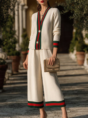 Contrast Trim Button-Front Knit Set