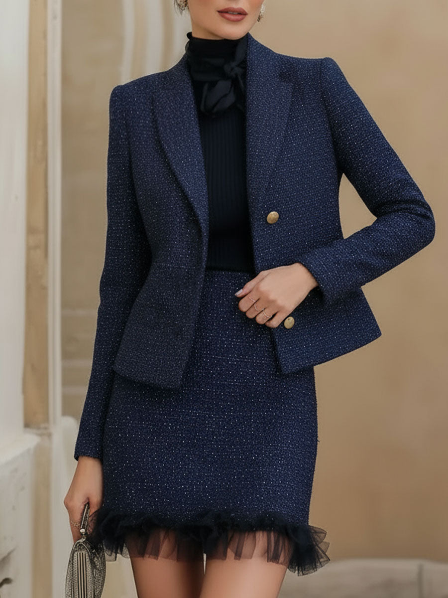 Navy Blue Tweed Skirt Suit With Tulle Hem