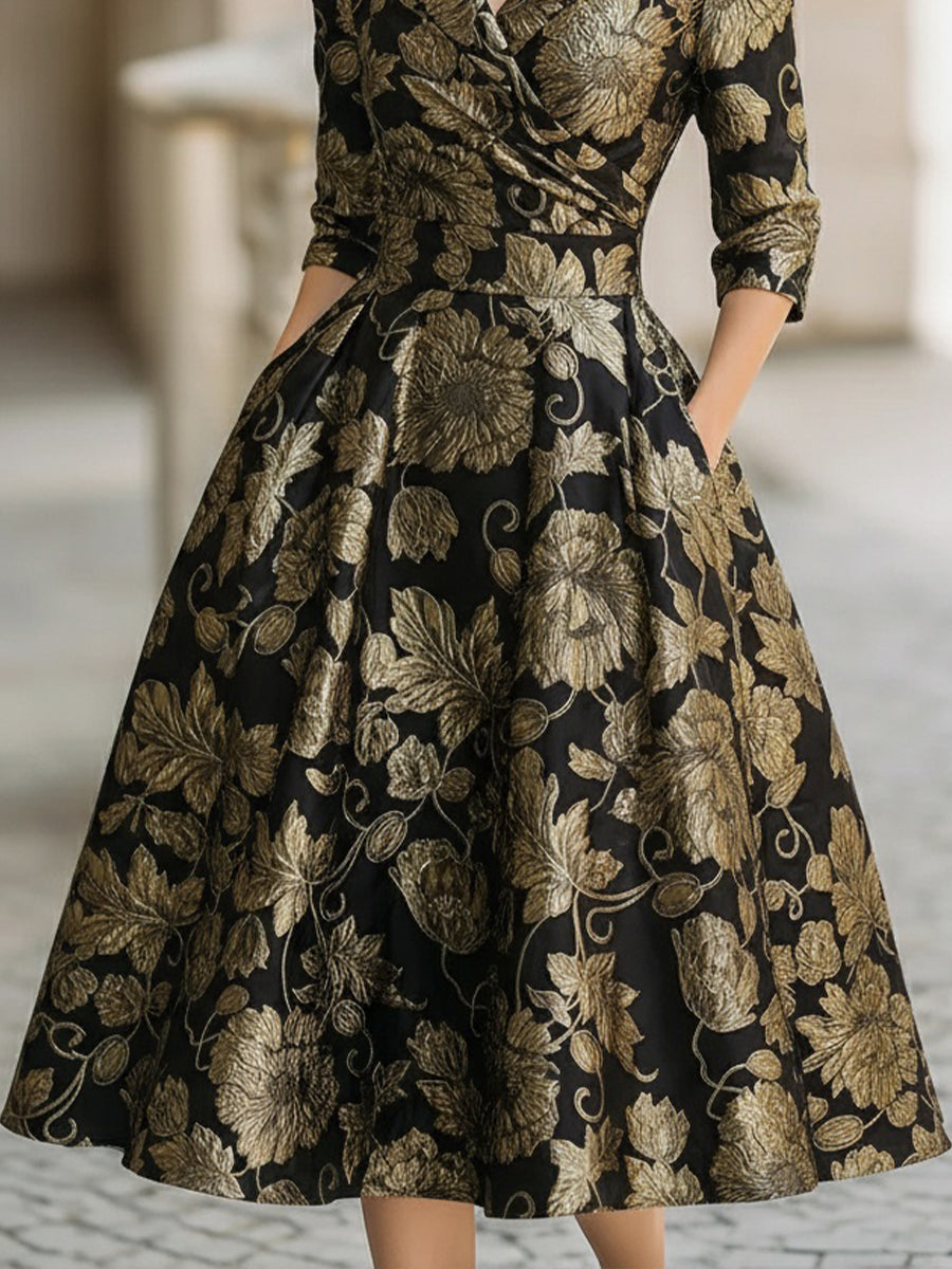 Aura Her's Black & Gold Jacquard Floral Midi Dress