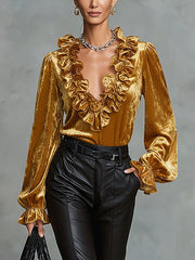 Gold Velvet Ruffled Deep V-Neck Blouse With Puff Sleeves