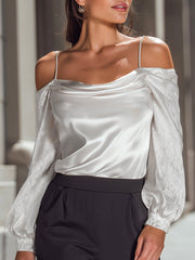 Off-Shoulder Satin Blouse With Textured Sleeves