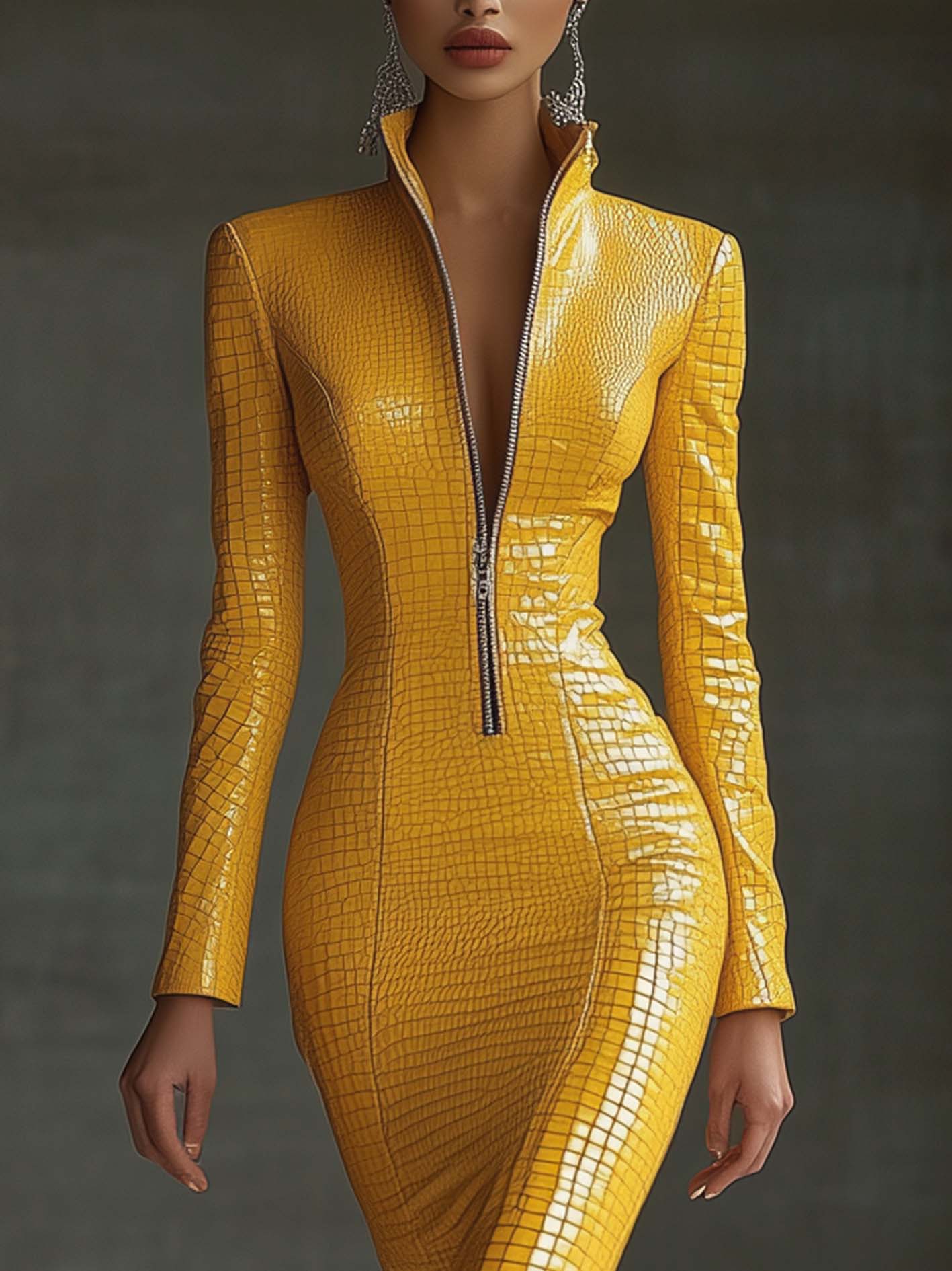 Stylish Yellow Textured Faux Leather Midi Bodycon Dress With Zipper