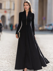 Black Long Sleeve Zip-Front Maxi Dress - Timeless Elegance For Formal Glamour