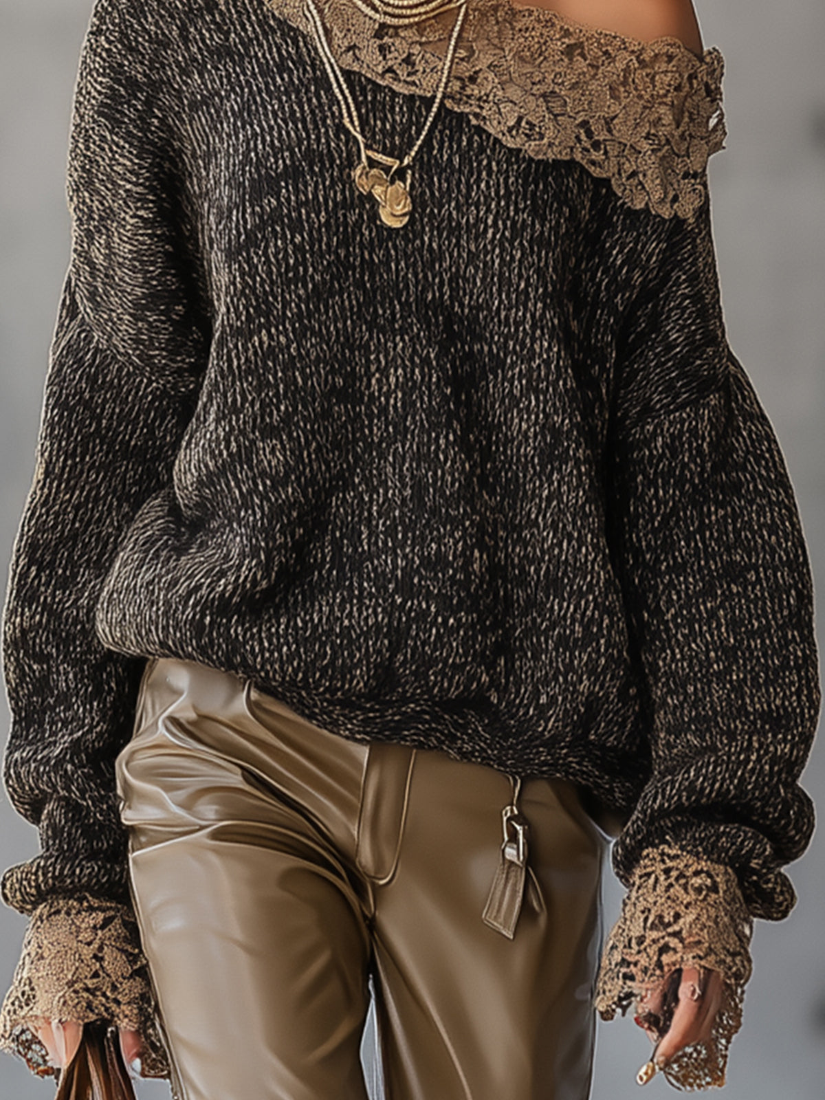 Black Knit Off-Shoulder Lace Trim Sweater