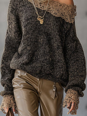 Black Knit Off-Shoulder Lace Trim Sweater